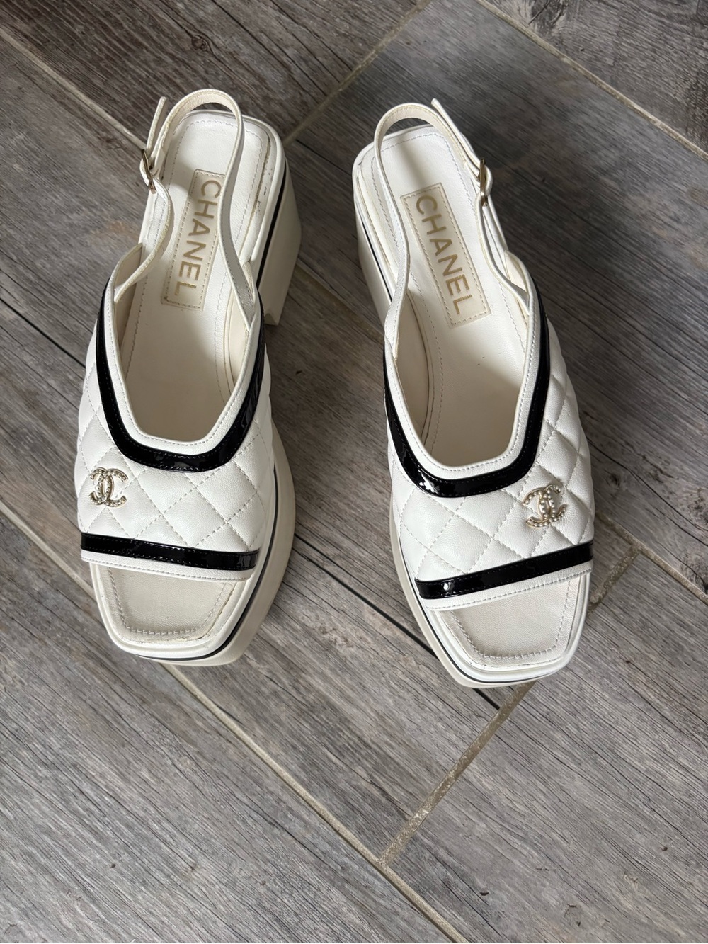 Chanel White Quilted Slingback Block Heel Sandals with Black Trim
